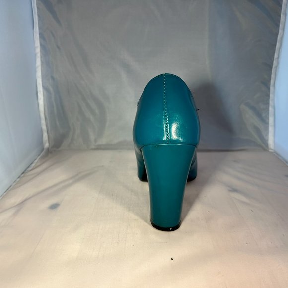 Teal Faux Leather Peep Toe Heels Size 7 - Picture 4 of 6
